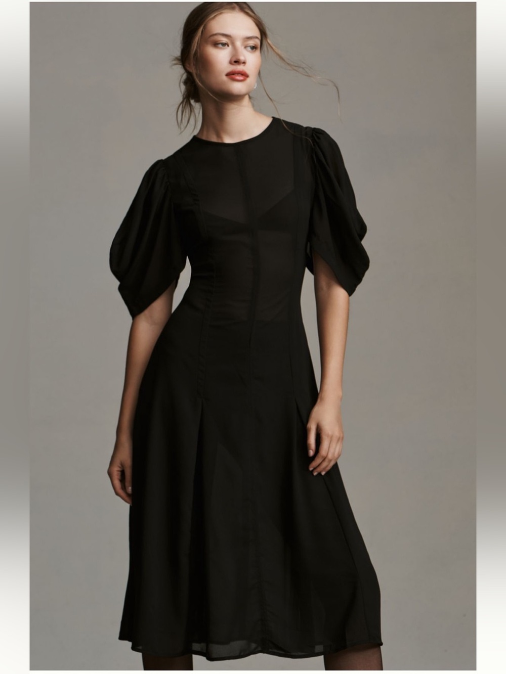 NWT Sold Out Anthropologie Modern Sheer Midi Dress with Puff Sleeves Size 12 - Picture 3 of 16